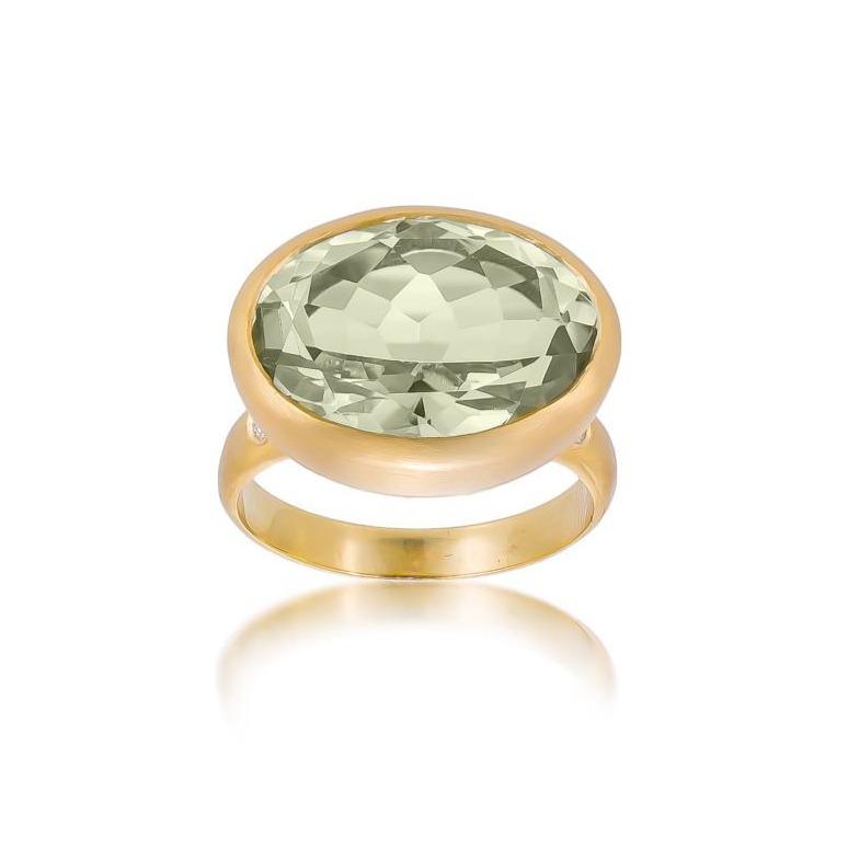 Dalia T Ring Color Collection 14KT Yellow Gold Cushion Cut Green Amethyst & Diamond Ring
