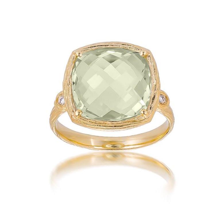 Dalia T Ring Color Collection 14KT Yellow Gold Cushion Cut Green Amethyste & Diamond Ring