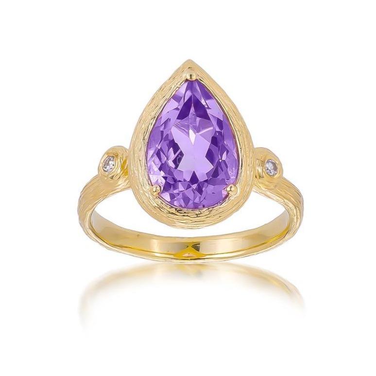 Dalia T Ring Color Collection 14KT Yellow Gold Pear Shape Amethyste & Diamond Ring