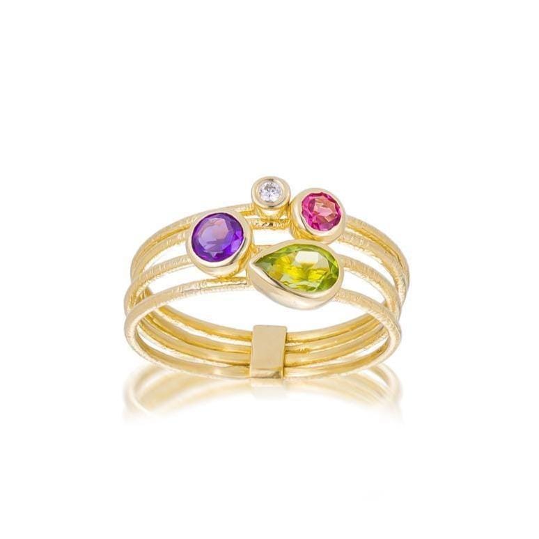 Dalia T Ring Color Collection 14KT Yellow Gold Multi Gem & Diamonds Stacker Ring