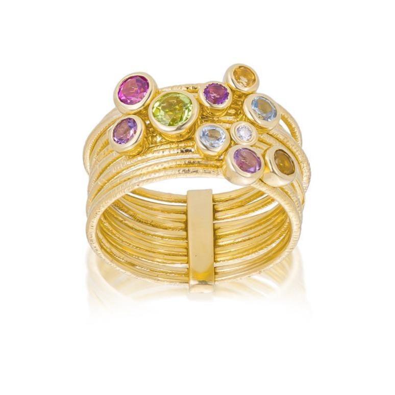 Dalia T Ring Color Collection 14KT Yellow Gold Multi Gem & Diamonds Stacker Ring