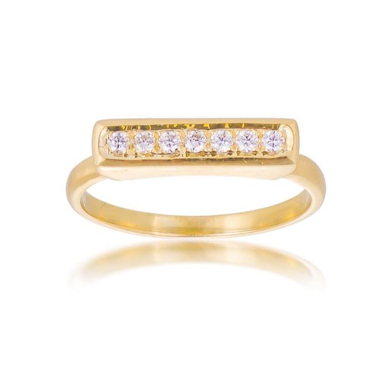 Dalia T Ring Textured Gold Signature Collection 14KT Yellow Gold Diamond Bar Ring