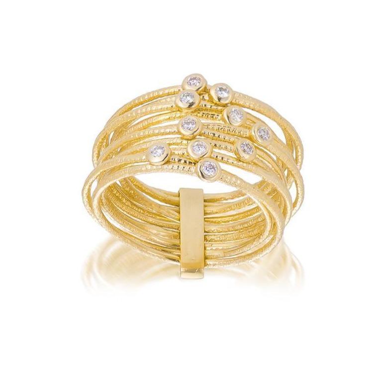Dalia T Ring Textured Gold Signature Collection 14KT Yellow Gold Diamond Multi Wire Stacker Ring