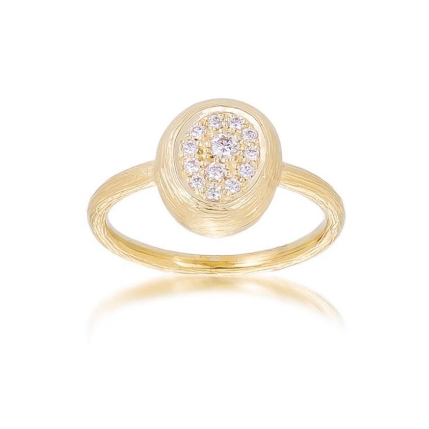 Dalia T Ring Textured Gold Signature Collection 14KT Yellow Gold & Diamond Oval Pavé Ring