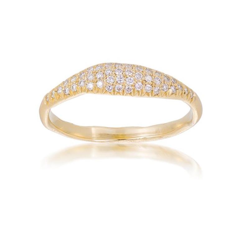 Dalia T Ring Textured Gold Signature Collection 14KT Yellow Gold & Diamond Pavé Ring