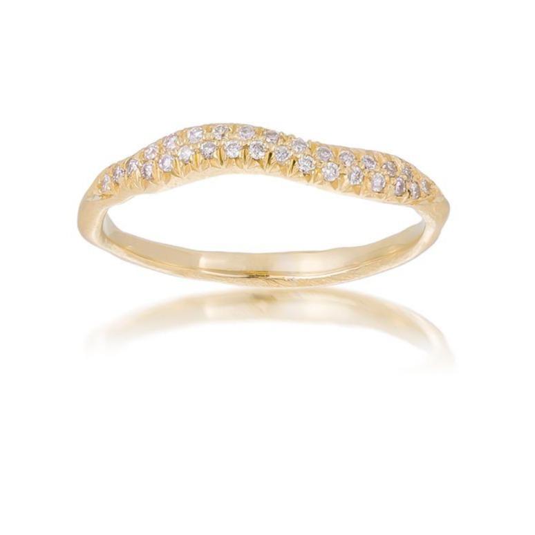 Dalia T Ring Textured Gold Signature Collection 14KT Yellow Gold & Diamond Pavé Ring