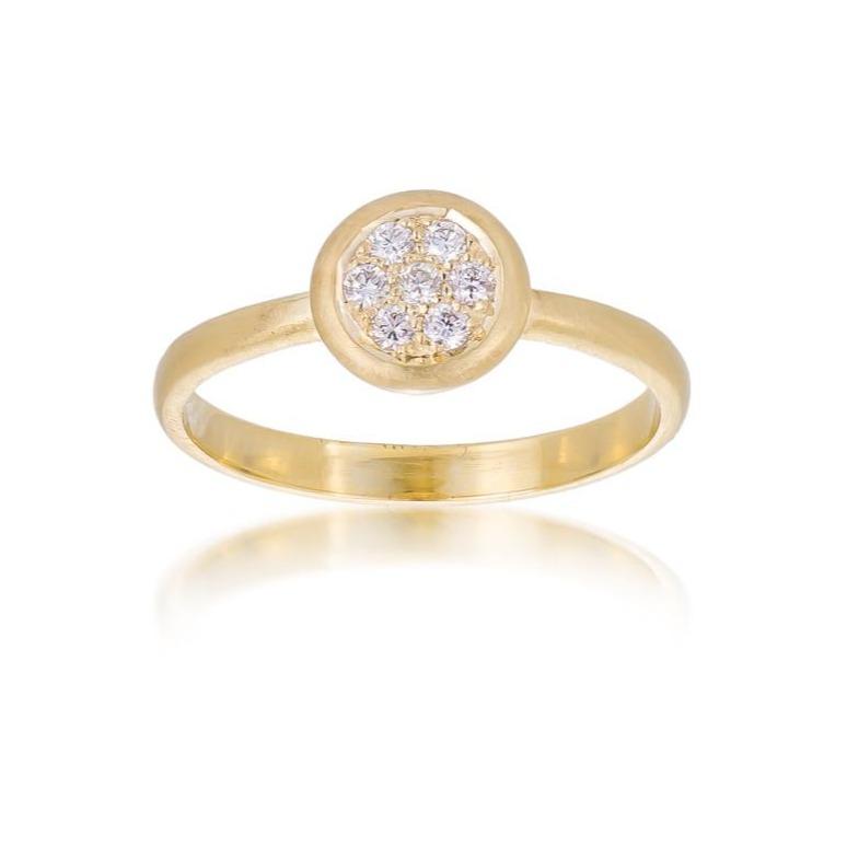 Dalia T Ring Textured Gold Signature Collection 14KT Yellow Gold & Diamond Round Pavé Ring