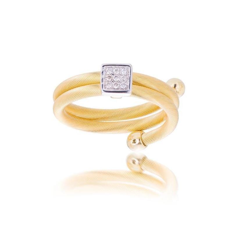 Dalia T Ring Textured Gold Signature Collection 14KT Yellow Gold Diamond Soft Coil Ring Square Shape