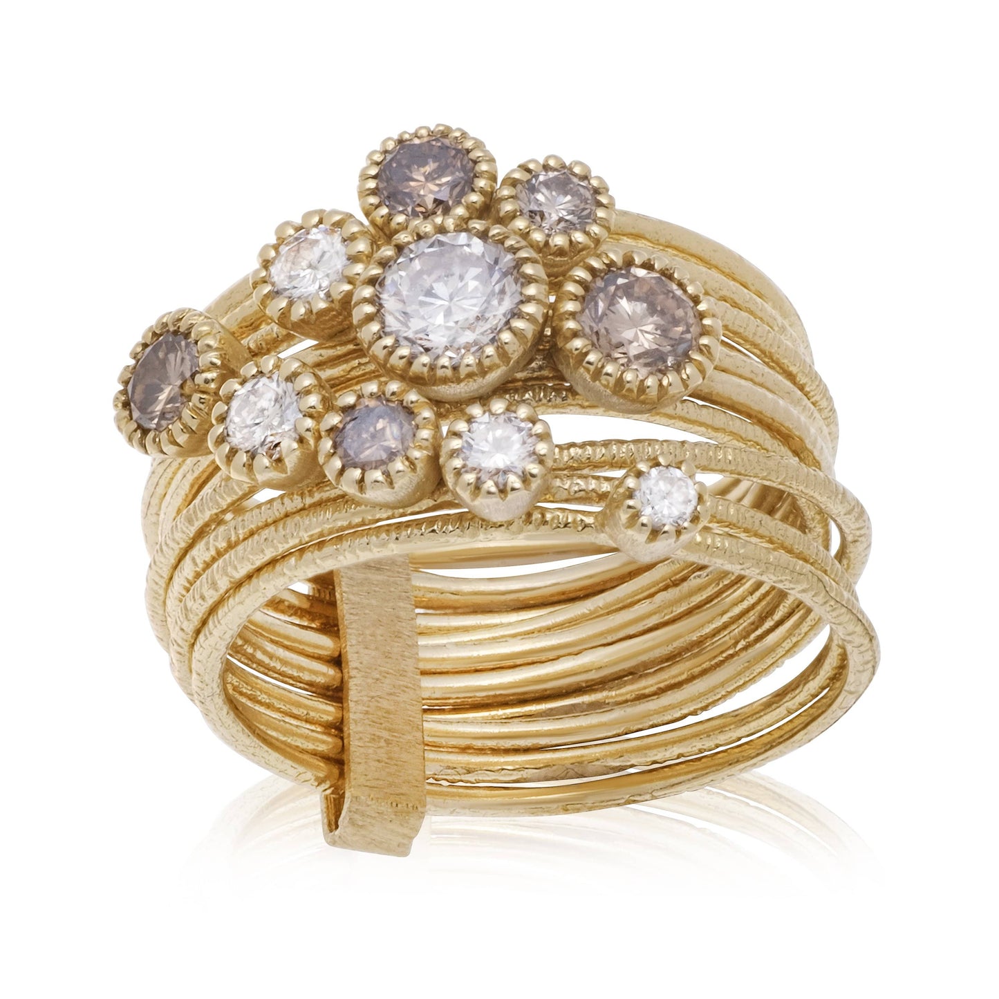 Dalia T Ring Textured Gold Signature Collection 14KT Yellow Gold Multi-Wire Stacker Diamond Ring
