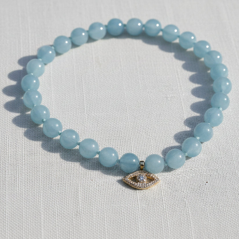 Dalia T Online 14KT diamonds Evil Eye on an Aqua beads Necklace