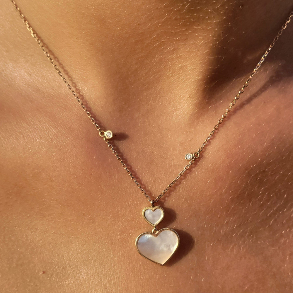 Dalia T Online Necklace 18KT Rose Gold Double White Mother-of-Pearl Heart Pendant Necklace with Diamonds