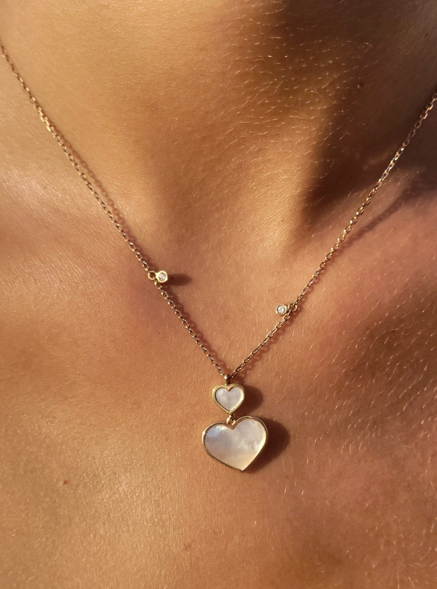 Dalia T Online Necklace 18KT Rose Gold Double White Mother-of-Pearl Heart Pendant Necklace with Diamonds