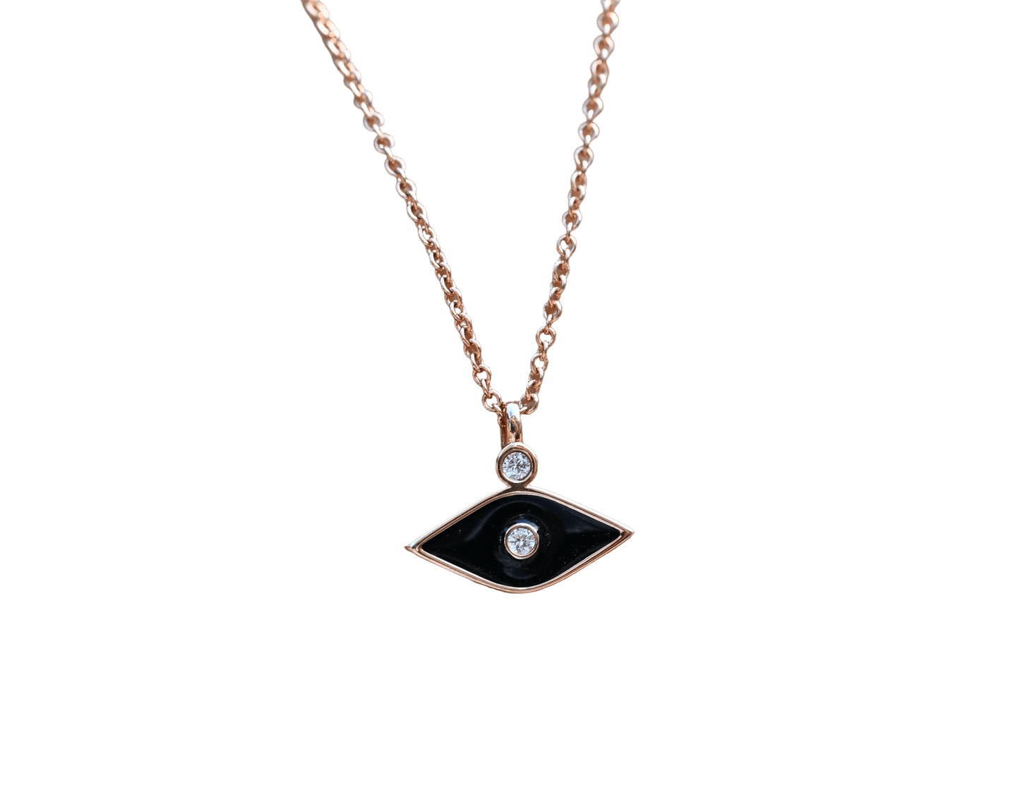 Dalia T Online Necklace Black Enamel Evil Eye with Diamonds on a Rose Gold Chain