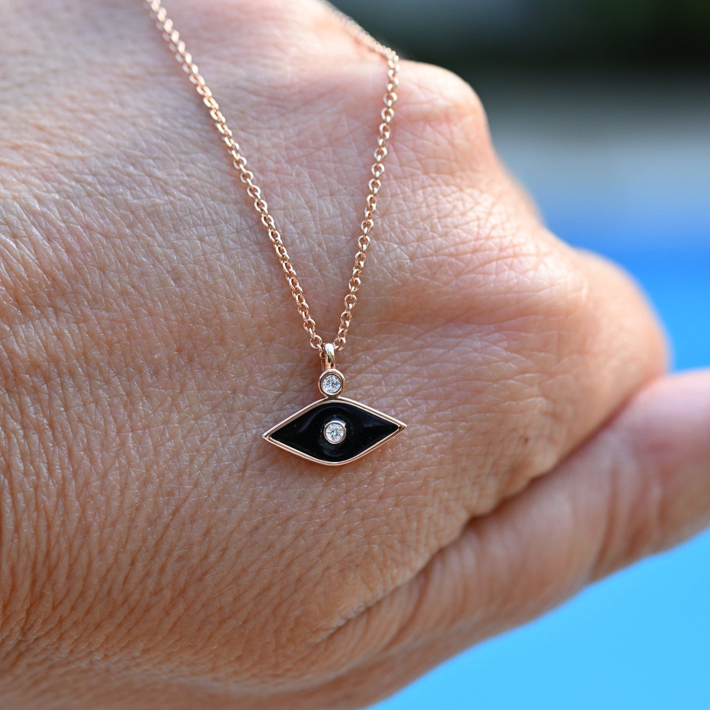 Dalia T Online Necklace Black Enamel Evil Eye with Diamonds on a Rose Gold Chain