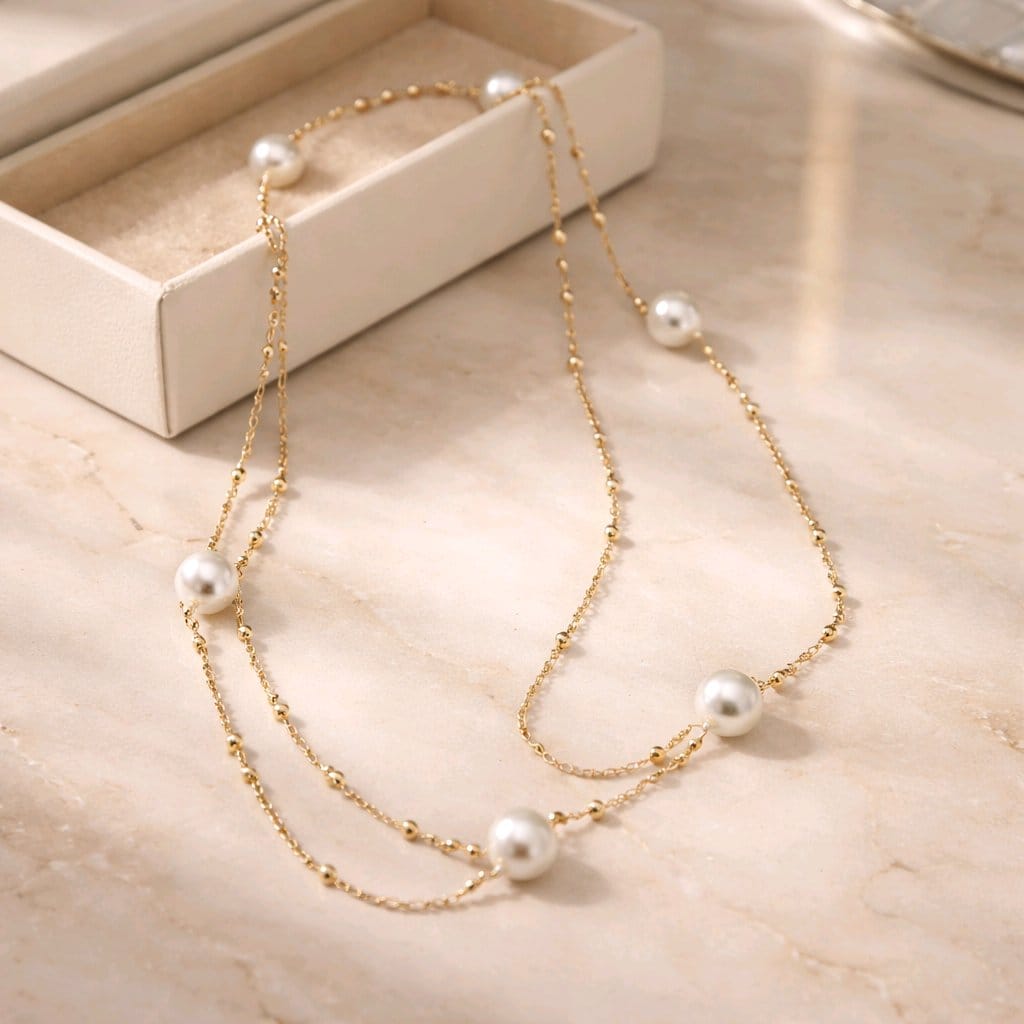 Dalia T Online Necklace Long Pearl and Rose Gold Necklace