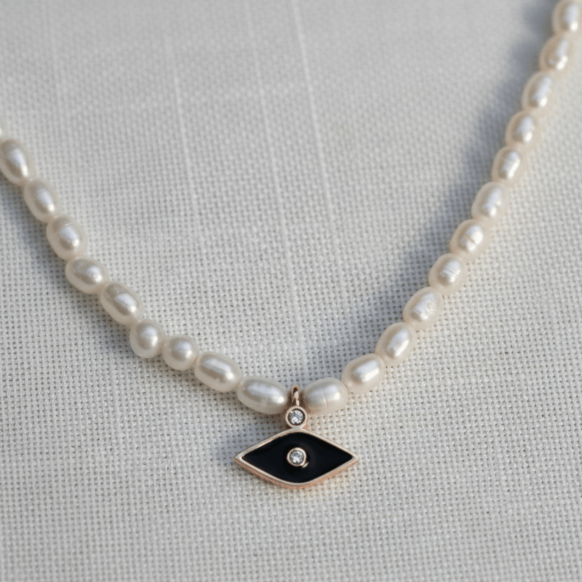 Dalia T Online Necklace Oval Pearls Necklace with Black Enamel Evil Eye Pendant