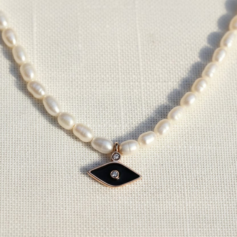 Dalia T Online Necklace Oval Pearls Necklace with Black Enamel Evil Eye Pendant