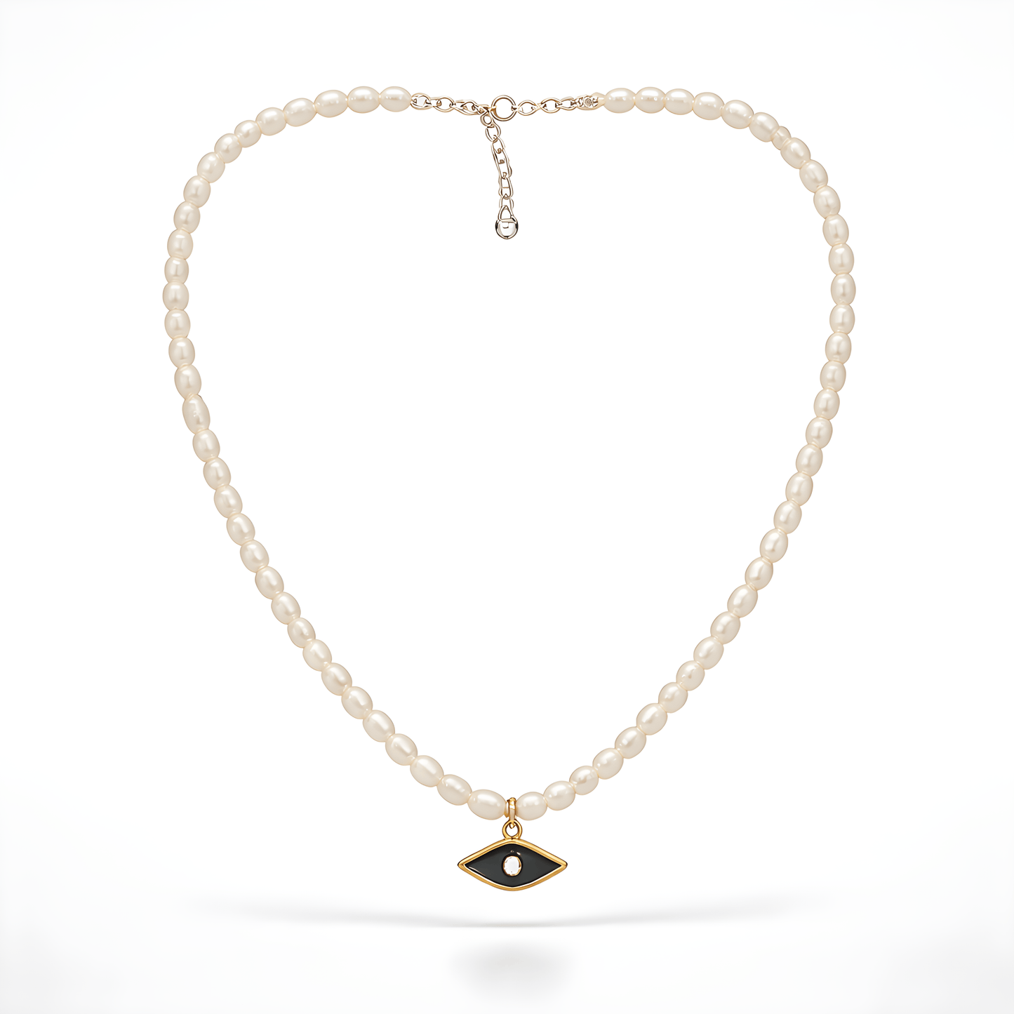 Dalia T Online Necklace Oval Pearls Necklace with Black Enamel Evil Eye Pendant