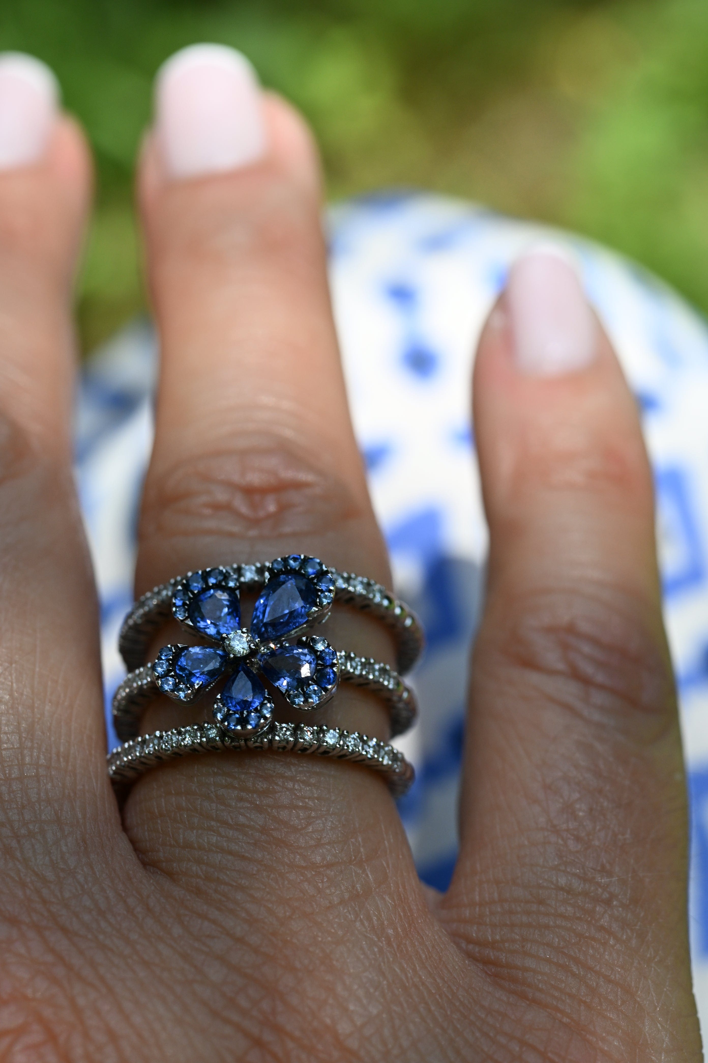 Couture Collection 18KT White Gold Diamond & Blue Sapphires Flower
