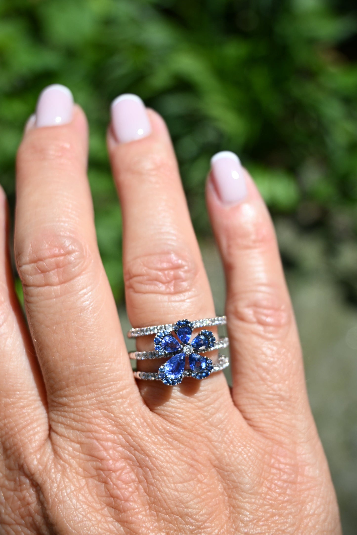 Dalia T Online Ring Couture Collection 18KT White Gold Diamond & Blue Sapphires Flower Coil Ring