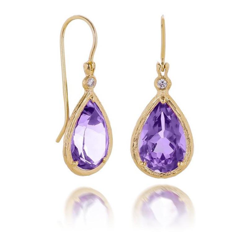 Dalia T Earrings Color Collection 14KT Yellow Gold Amethyste & Diamond Earrings on a hook