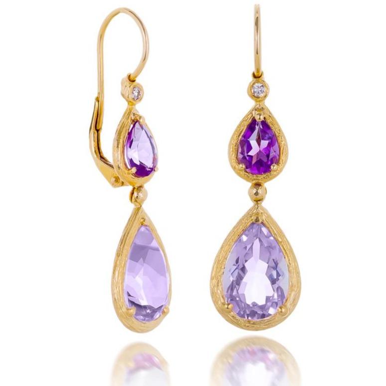 Dalia T Earrings Color Collection 14KT Yellow Gold Amethyste & Diamond Elongated Earrings