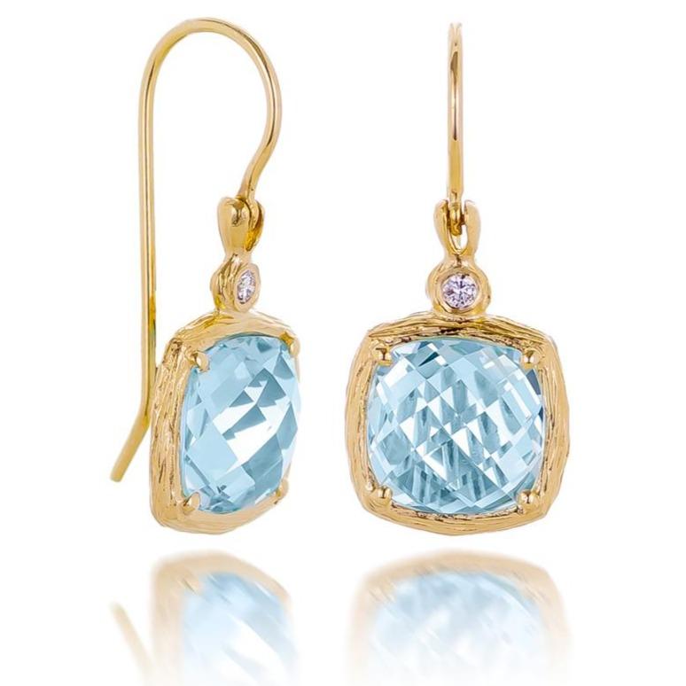 Dalia T Earrings Color Collection 14KT Yellow Gold Blue Topaz & Diamond Cushion Cut Earrings