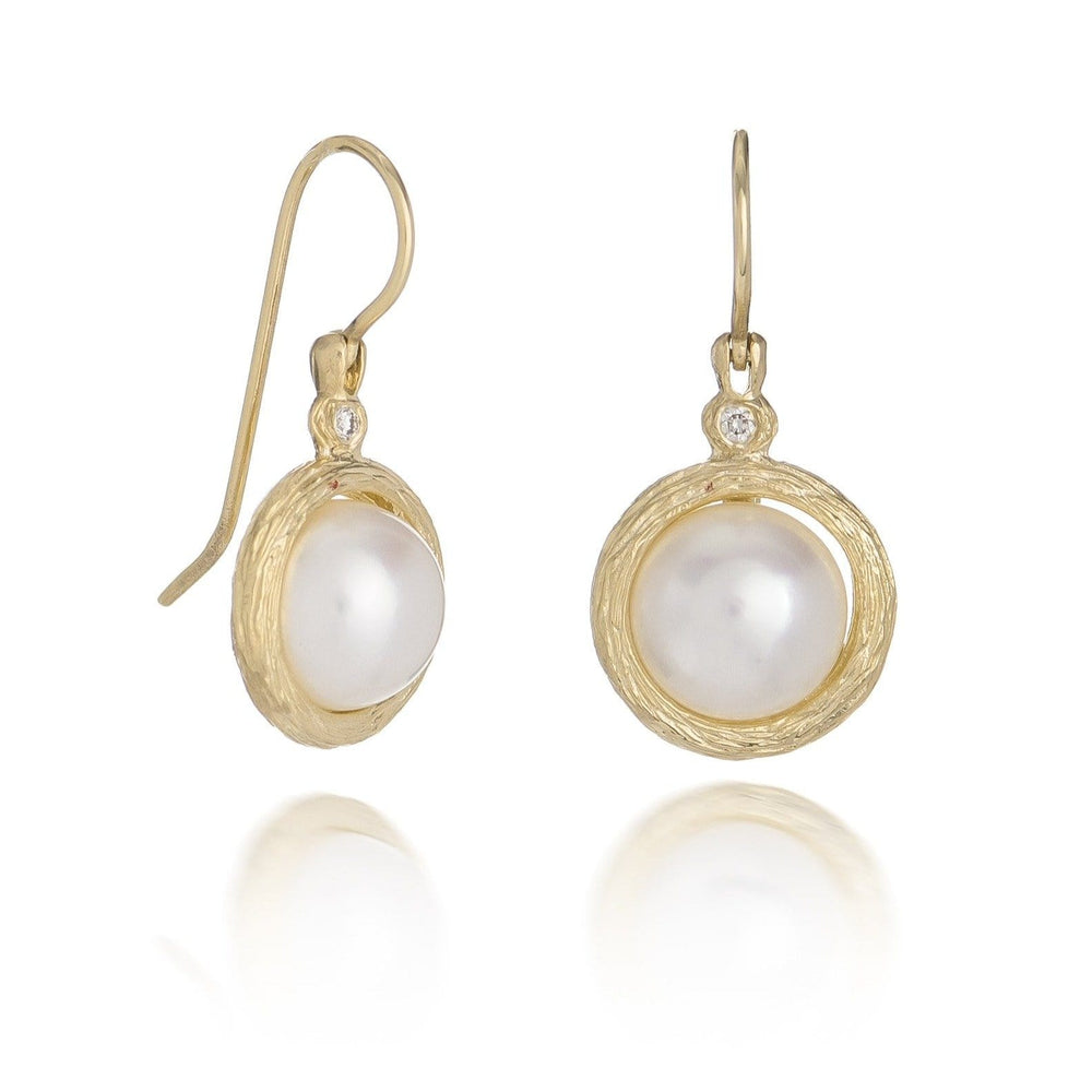 Dalia T Earrings Luster Collection 14KT White Gold  Pearl & Diamonds Drop Earrings