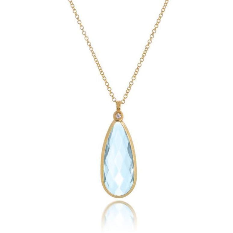 Dalia T Necklace Color Collection 14KT Yellow Gold Blue Topaz & Diamond Cushion Cut Pendnat Necklace