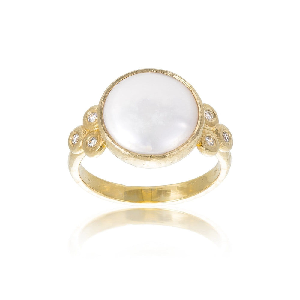 Dalia T Ring Luster Collection 14KT Yellow Gold  Pearl & Diamonds Ring