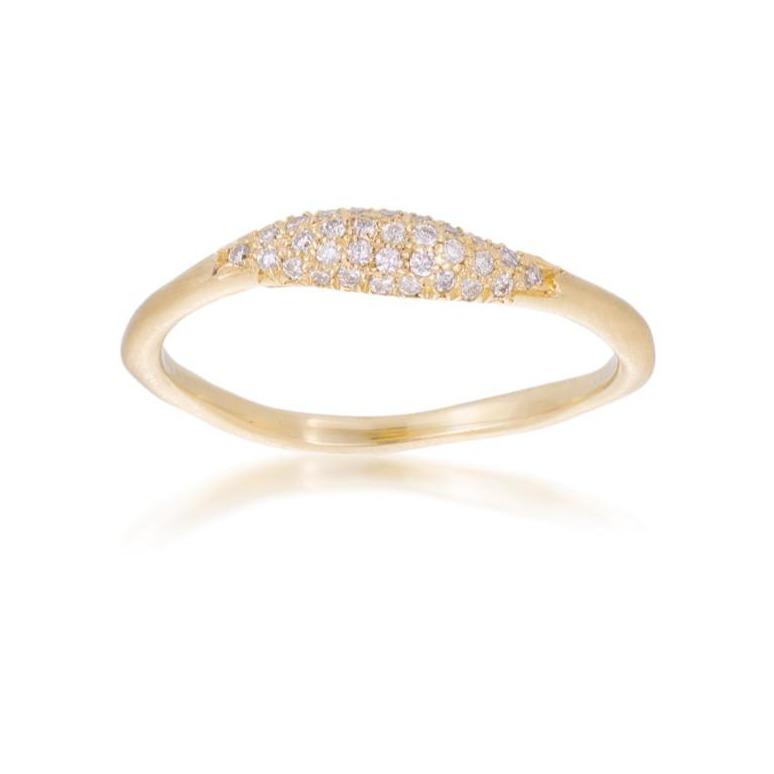 Dalia T Ring Textured Gold Signature Collection 14KT Yellow Gold & Diamond Pavé Ring